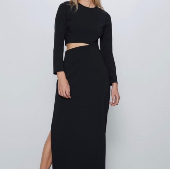 ZARA Long Sleeve Cut Out Maxi Dress with side slit, in Black, size M no stretch. - Picture 2 of 9